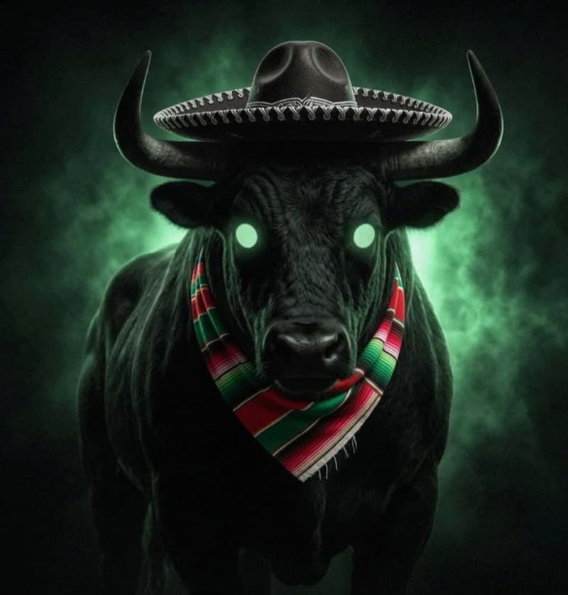 The Black Bull — a black bull with glowing green eyes, a sombrero and a serape bandana